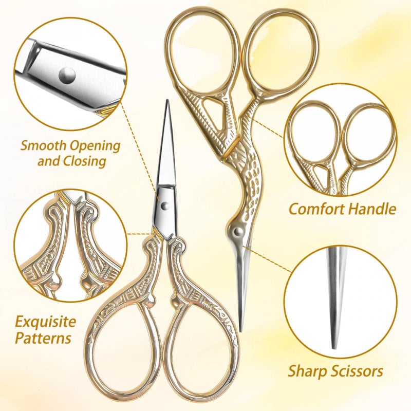 AQUEENLY Embroidery Scissors, Stainless Steel Sharp Stork Scissors for Sewing Crafting, Art Work, Threading, Needlework - DIY Tools Dressmaker Small Shears - 2 Pcs (3.6 Inches, Gold) - Image 4